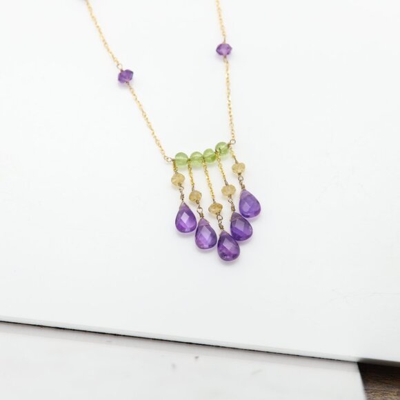 Amethyst Beaded Necklace 14k Yellow Gold Dangle Bead Necklace #001 - Picture 2 of 6